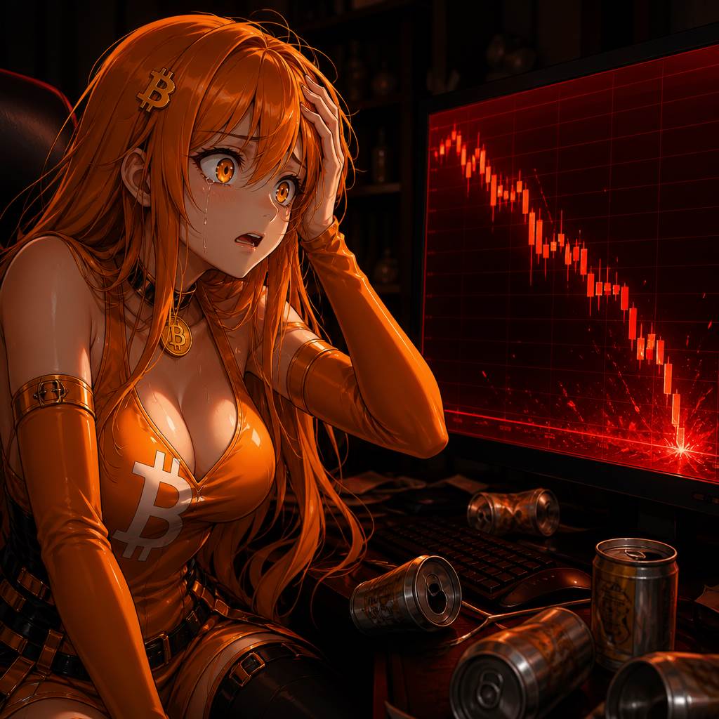 Bitcoin-chan checking a crashing red chart at 3am