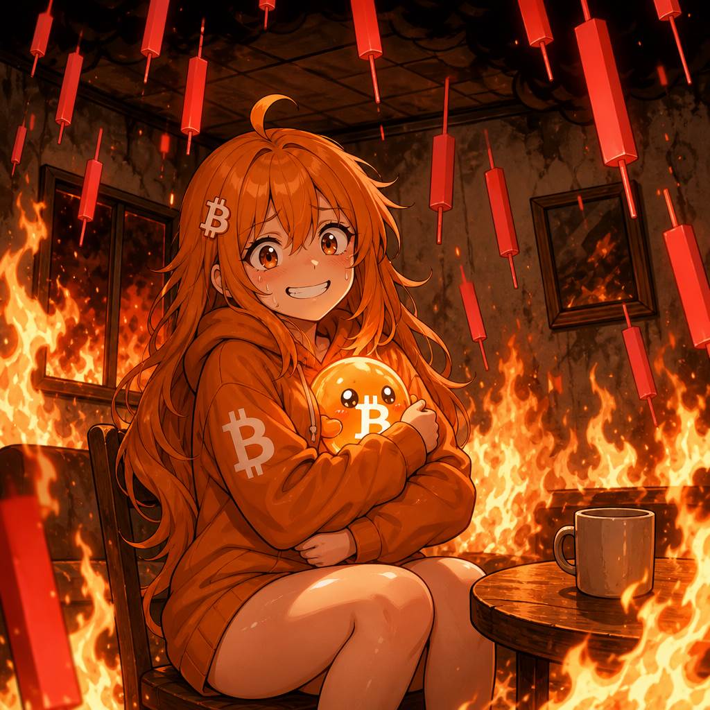 Bitcoin-chan in a burning room of red candles