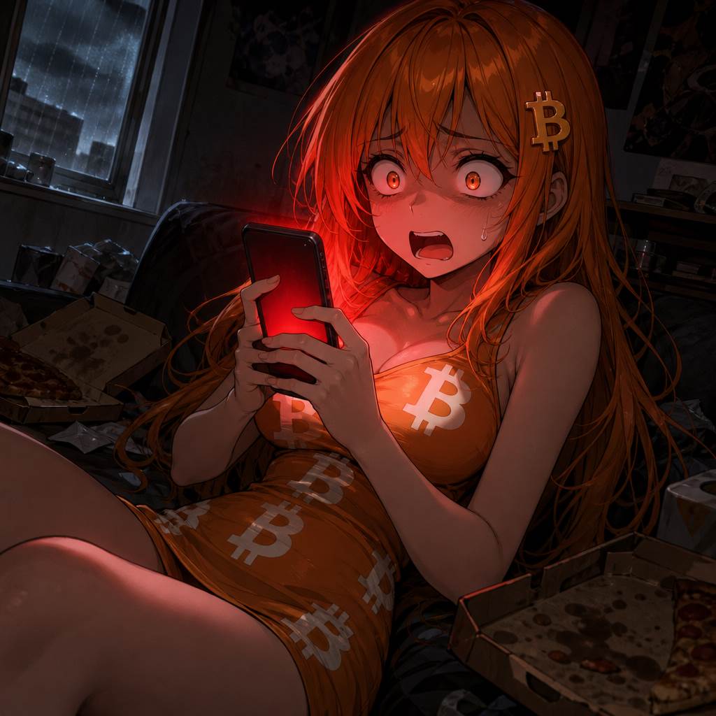 Bitcoin-chan staring at her empty wallet phone